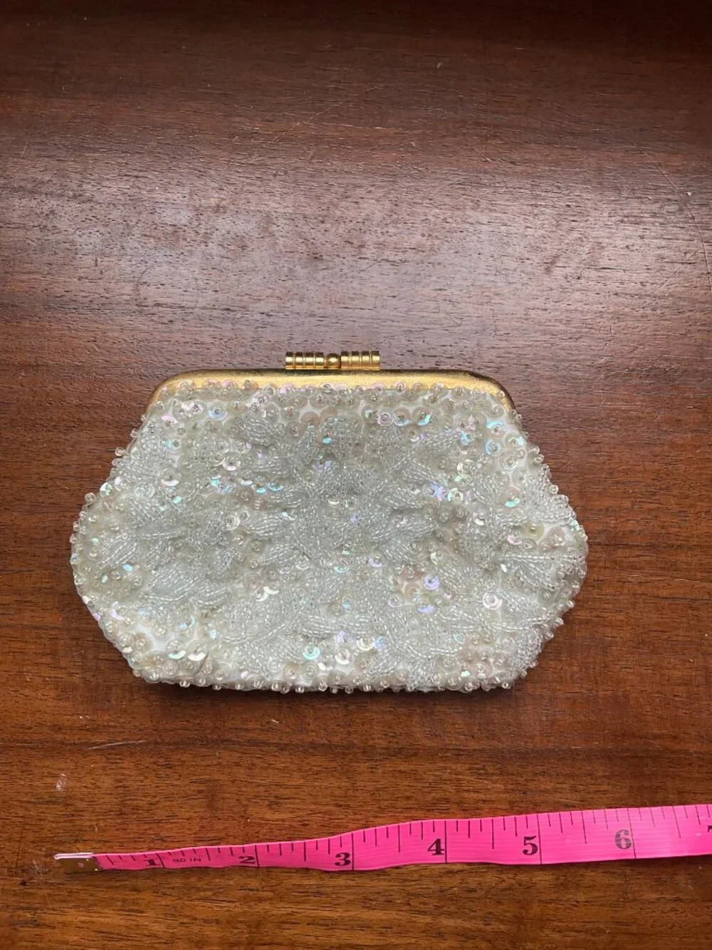 Vintage Beaded Coin Purse Ivory AB Sequin Floral Clutch B. Altman & Co